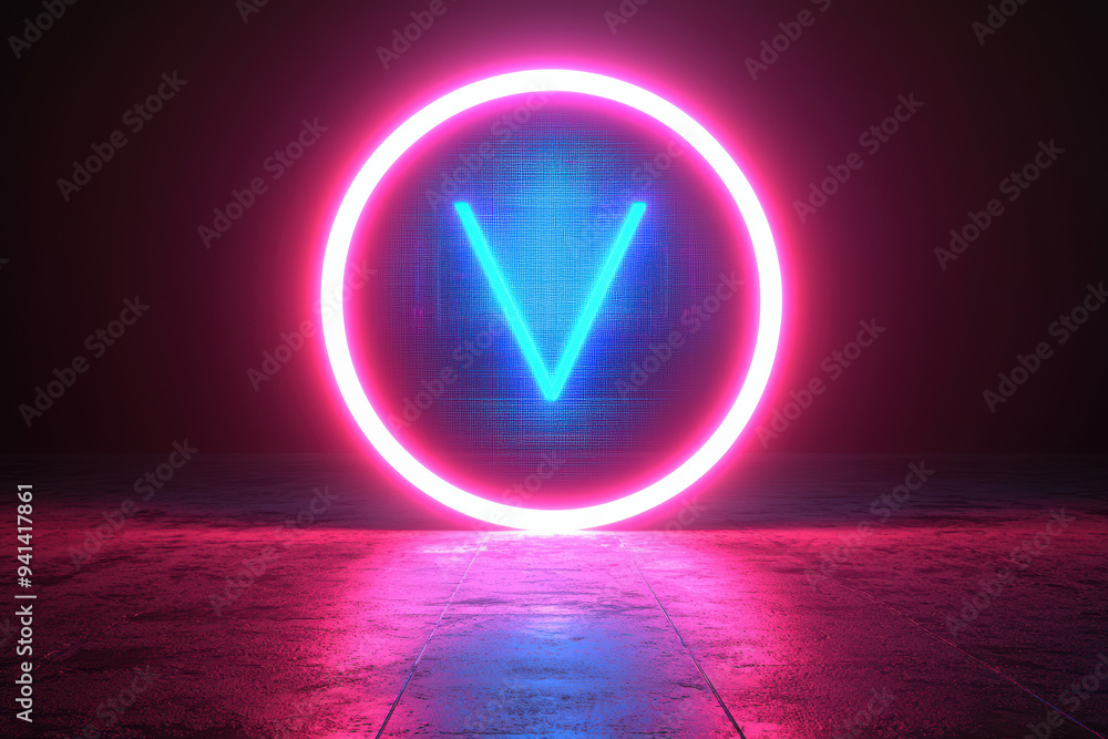 Aufkleber neon illuminated v sign within a circular frame on a dark background, creating a futuristic and vibr