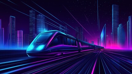 Fototapeta premium Futuristic train travels through a neon-lit cityscape at night, showcasing vibrant colors and sleek design amidst towering skyscrapers
