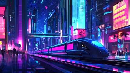 Fototapeta premium Futuristic high-speed train passing through a vibrant neon city at night under a starry sky