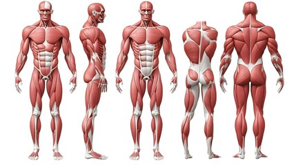 Anatomical Diagram of the Muscular System: A detailed anatomical diagram of the human muscular system, showing all major muscle groups in a realistic and scientific style.
