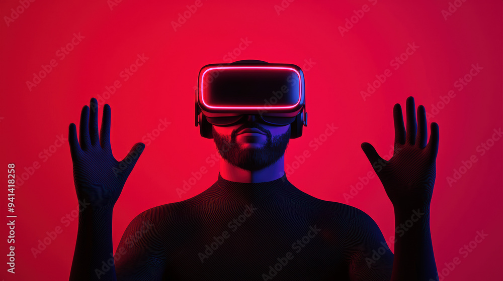 Poster man in vr headset with glowing red light, raising hands against red background. futuristic technolog