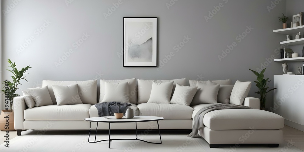 Wall mural A modern, minimalist living room with a large, comfortable white sofa with plush pillows, set against a plain gray wall.