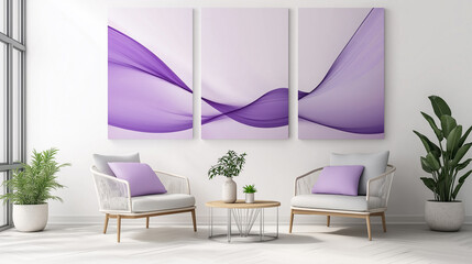 Vertical paintings of interior design modern apartment living room background white wall. 3-part painting with colorful purple ink wave prepared for room decoration. Sample room for real estate
