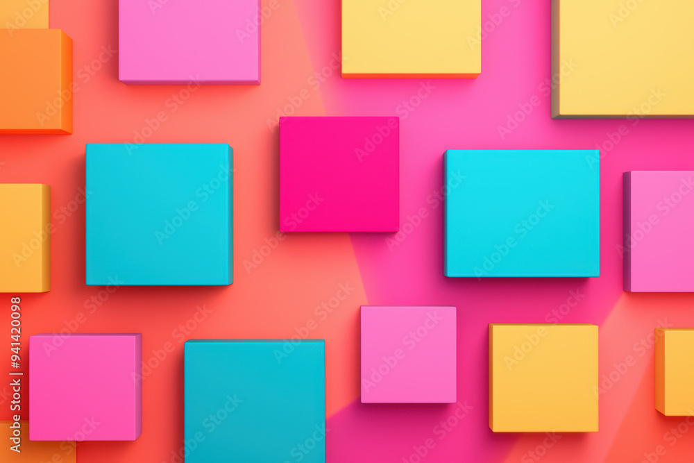 Poster vibrant geometric abstract background with colorful flat squares in various sizes, creating a modern
