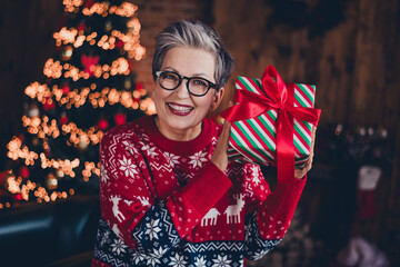 Photo of cute excited lady dressed red print x-mas pullover spectacles getting new year present box...
