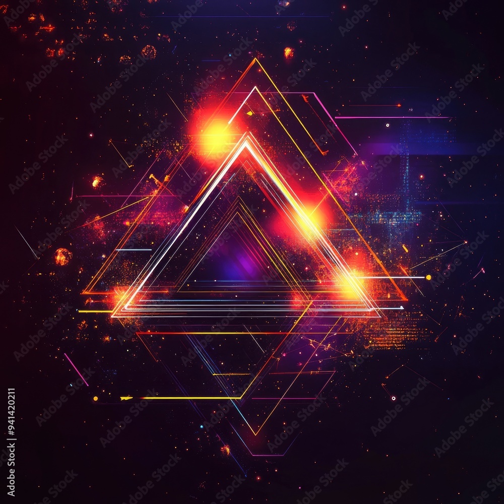 Poster abstract geometric design with vibrant colors and luminous effects, showcasing a triangular shape an