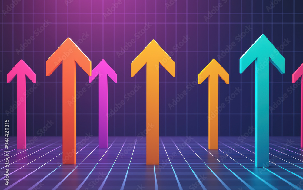 Poster colorful arrows pointing upwards in a graph chart representing growth, progress, and success in a fu