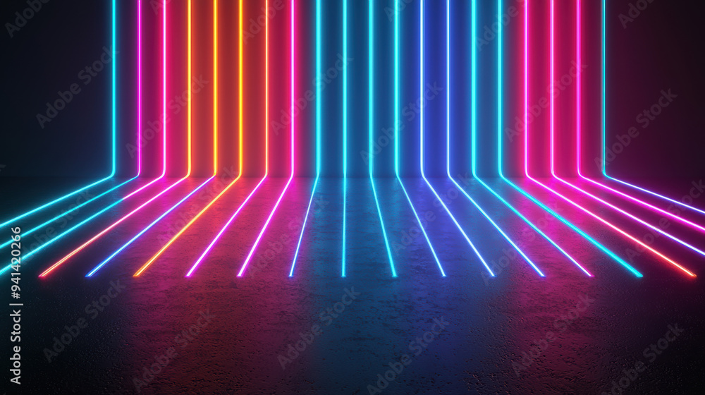 Poster dynamic neon lights forming colorful vertical and horizontal patterns on a reflective surface in a d