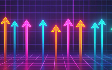 Colorful neon arrows pointing upwards on a digital grid background, representing growth, progress, and modern advancement in technology.