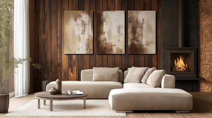 Vertical paintings of interior design modern apartment living room background brown wooden wall. 3-part painting with brown brushstroke table prepared for room decoration. Sample room for real estate