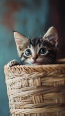 Adorable kitten peeking over a woven basket with big, expressive eyes, capturing the essence of playful curiosity and cuteness.