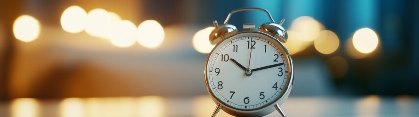 Serene Nightstand Scene, an alarm clock rests on a minimalist nightstand, softly illuminated in a blurred bedroom, creating a tranquil and simple atmosphere.