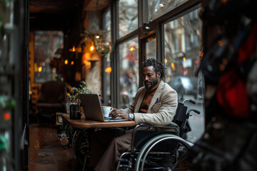 Naklejka premium Focused black disabled man in wheelchair working with documents, using laptop at home office. Handicapped Afro man sitting at desk with computer, checking financial reports. 
