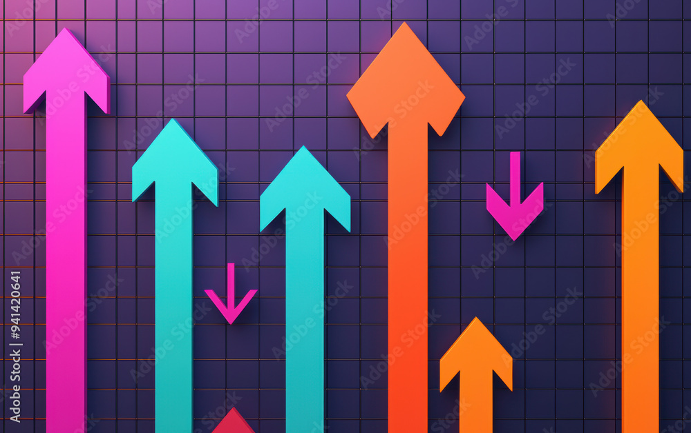 Poster colorful arrows pointing upwards and downwards on a grid background representing growth, decline, an