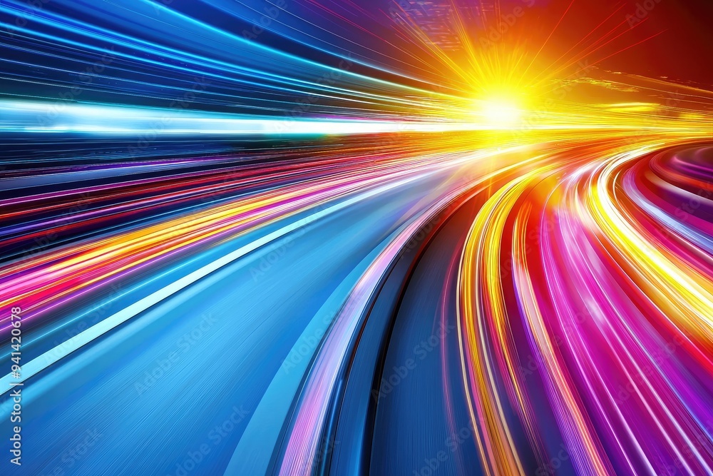 Poster dynamic light trails in vibrant colors creating a sense of motion and speed against a radiant sunset