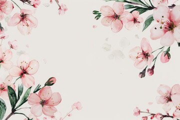 Fototapeta premium Elegant floral watercolor background with pink cherry blossoms and greenery. Perfect for invitations, weddings, and spring designs.