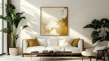 Vertical paintings of interior design modern apartment living room background white wall. Painting with golden pattern table prepared for room decoration. Sample room for real estate