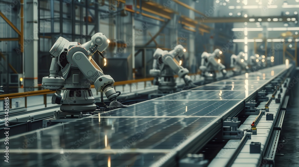 Poster highlight the automation of a factory where robots are producing solar panels,