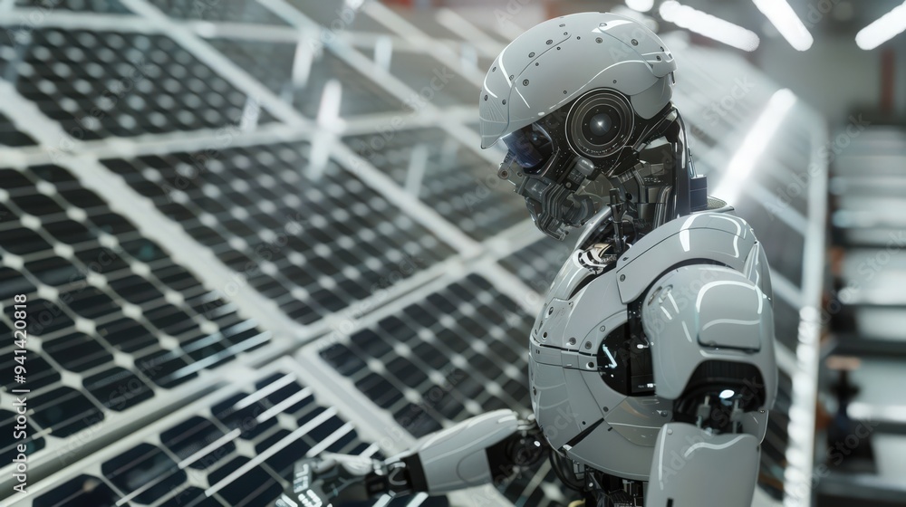Poster highlight the automation of a factory where robots are producing solar panels,