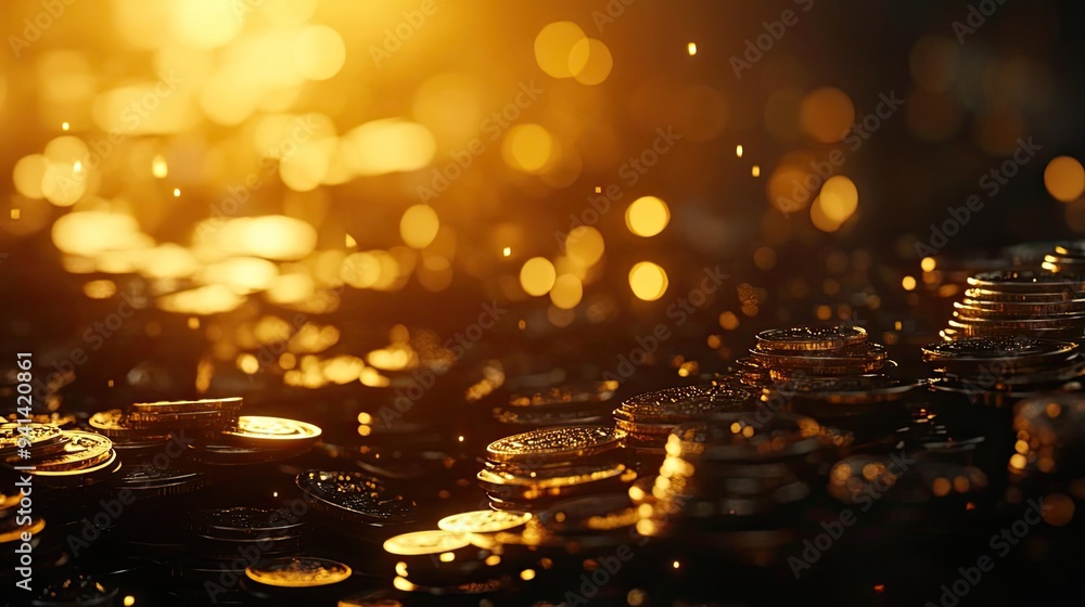 Poster a captivating collection of coins illuminated by golden light, creating a magical atmosphere filled 