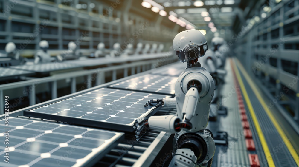 Poster highlight the automation of a factory where robots are producing solar panels,