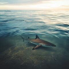 Fototapeta premium Majestic shark gliding through tranquil waters at sunset, showcasing the beauty of marine life in a serene environment.