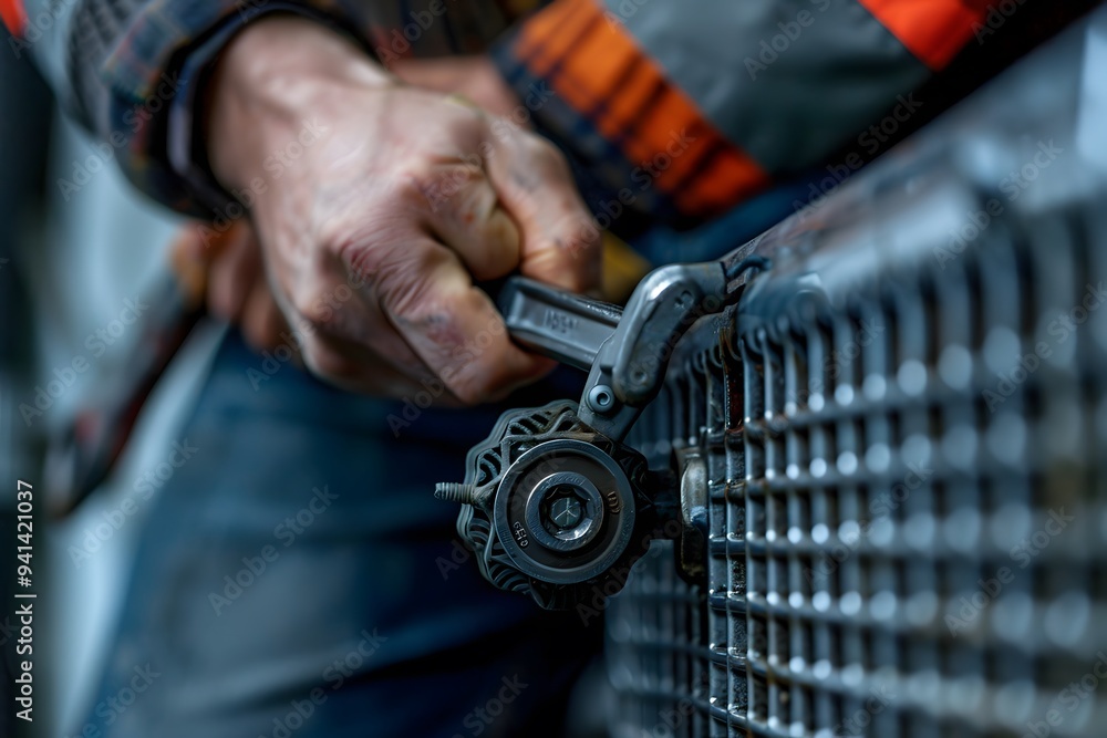 Poster close-up of a mechanic using a wrench on a car part