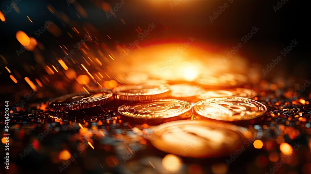 Poster close-up of shiny coins with warm light and sparks, creating a captivating and rich atmosphere, perf