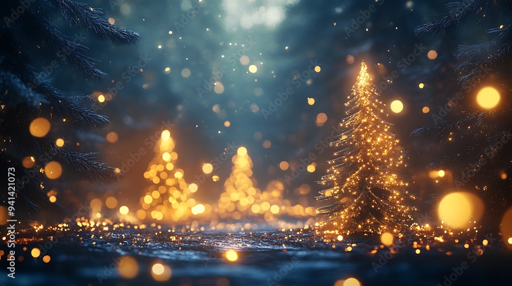 Poster three illuminated christmas trees in a snowy forest with bokeh lights.