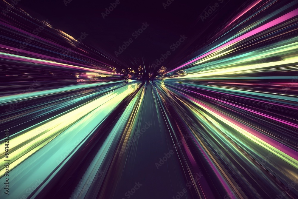Poster vibrant burst of colorful light trails creating a dynamic sense of motion and energy against a dark 