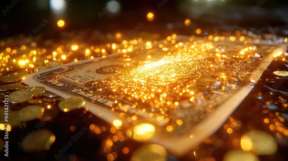 Poster glittering currency set against a backdrop of shimmering light, evoking wealth and prosperity in a c