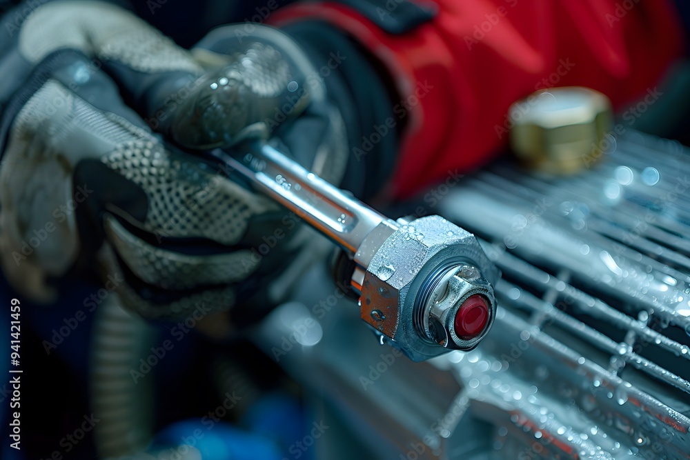 Wall mural close-up of a worker holding a precision tool in a workshop environment