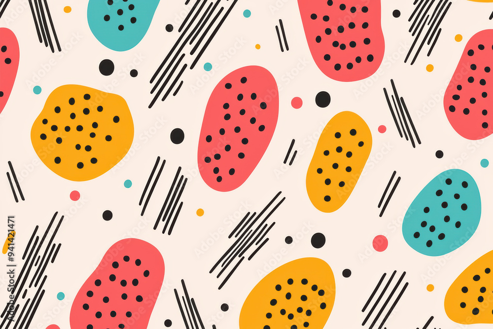 Poster vibrant abstract pattern with colorful shapes and lines on a beige background, creating a playful an
