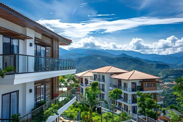 Fototapeta premium Scenic Mountain Resort with Modern Architecture and Lush Greenery