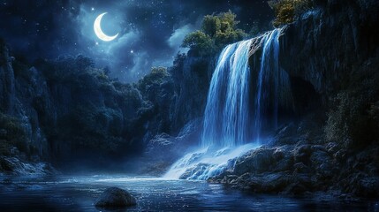 Tranquil Waterfall Cascading Down a Rocky Cliff Under Crescent Moonlight: A Dreamlike Landscape with Softly Glowing Water and Serene Ambience