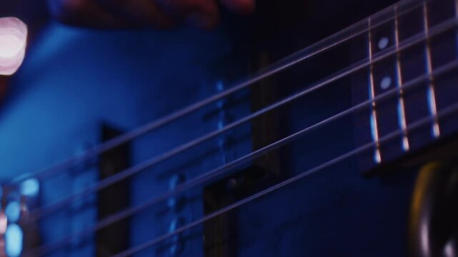 Musician playing bass guitar strings close up