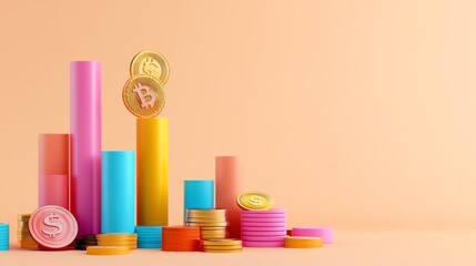 Colorful cryptocurrency coins and bars representing financial growth and investment in digital currency on a vibrant background.