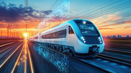 Fototapeta premium A modern train travels through a vibrant landscape at sunset, showcasing innovative technology and speed along the railway