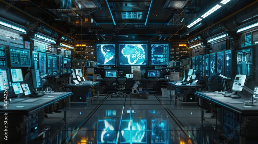 Poster highlight the futuristic automation in a space exploration facility, where robots and ai prepare equ