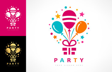 Gift box with balloons logo. Party design.