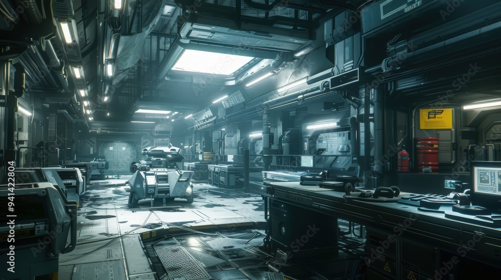 Poster highlight the futuristic automation in a space exploration facility, where robots and ai prepare equ