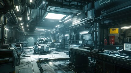 Fototapeta premium Highlight the futuristic automation in a space exploration facility, where robots and AI prepare equipment and manage missions beyond Earth.