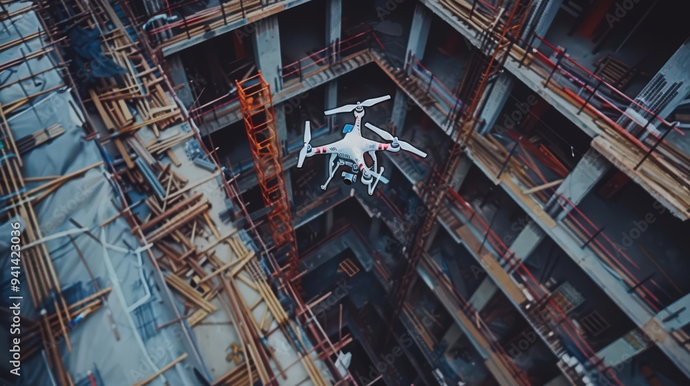Poster futuristic integration of drones surveying construction progress from above, emphasizing efficiency.