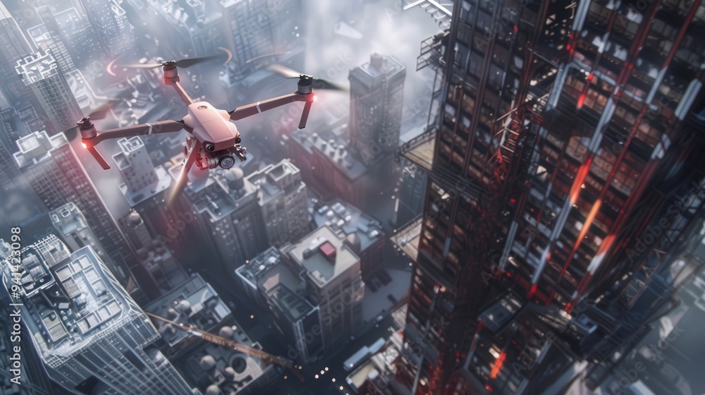 Poster futuristic integration of drones surveying construction progress from above, emphasizing efficiency.
