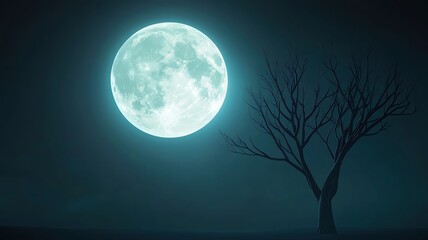 Obraz premium A haunting moonlit night illuminates a bare tree silhouette against a deep blue sky, evoking mystery and tranquility.