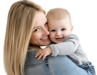 A mother holds her happy baby close, highlighting their joyful bond