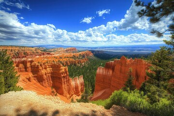 Bryce Canyon National Park, Utah, with red rock formations, green trees, and a blue sky with white clouds. - Powered by Adobe