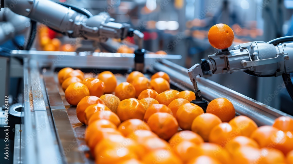 Poster innovative use of robots in a food processing factory, focusing on the cleanliness and efficiency of