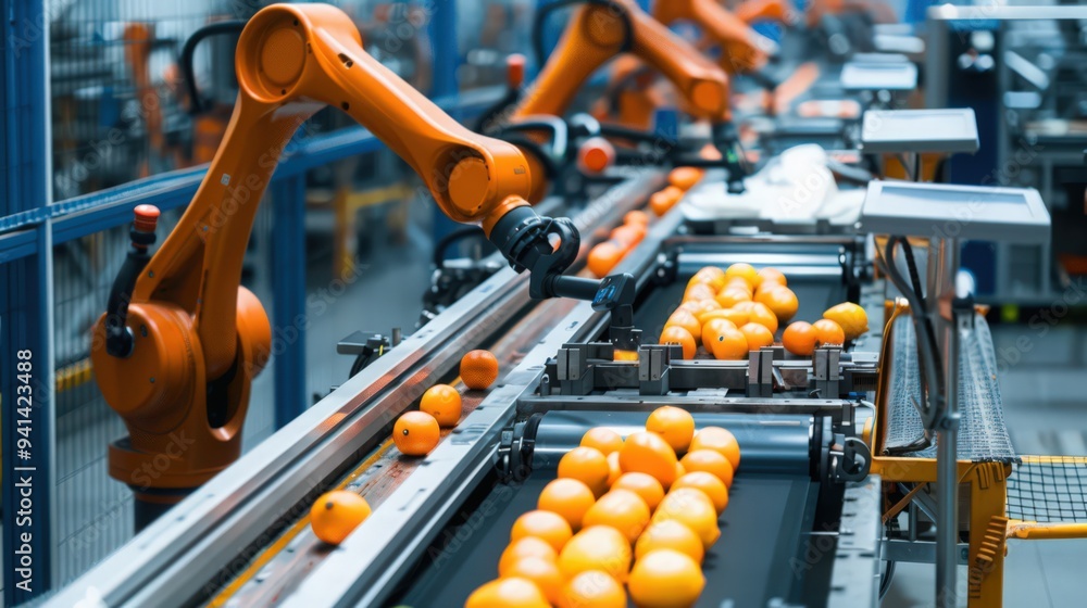 Poster innovative use of robots in a food processing factory, focusing on the cleanliness and efficiency of