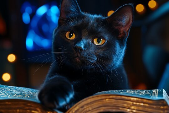 A black cat sitting on a witch&acirc;&euro;&trade;s lap, its paw gently resting on an open spellbook, as if helping to cast a powerful spell